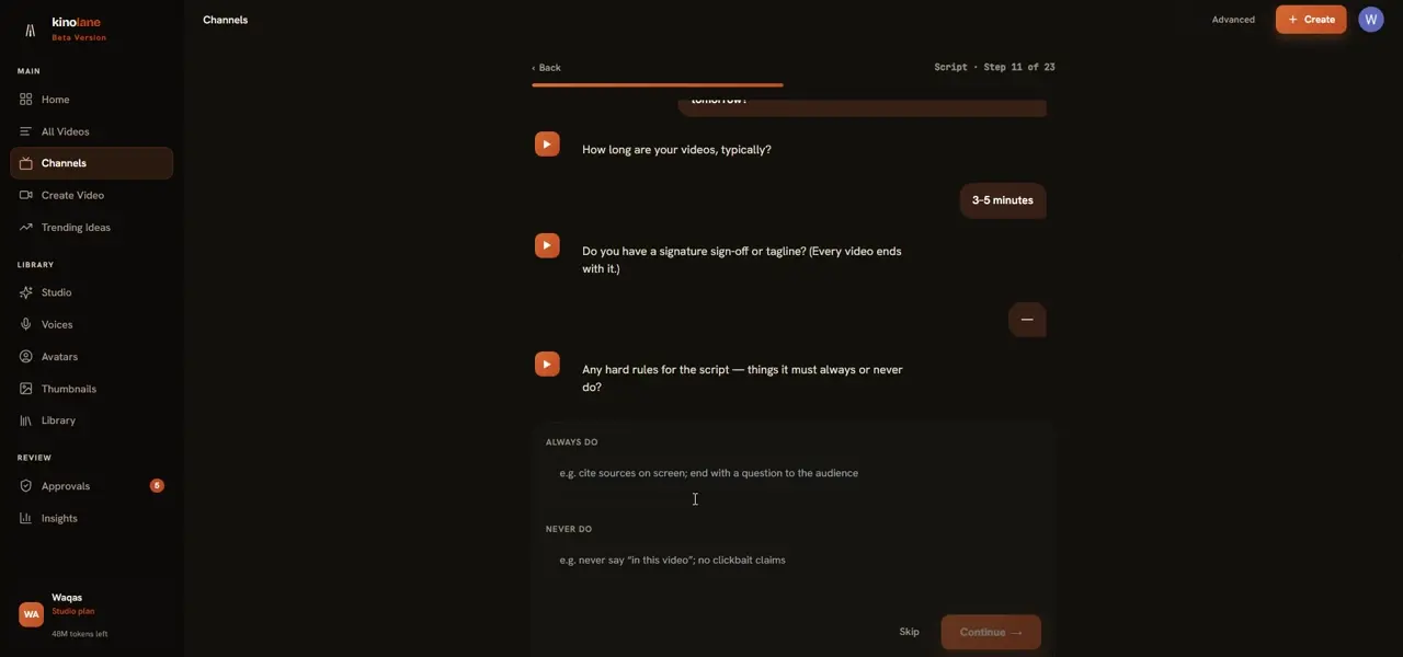 Create a channel — a frame from the walkthrough